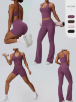 Ins/Amazon Top Picked 4PCS Backless Activewear Set Premium Fitness Clothing for Women, Sexy V Neck Sports Bra + Tank Tops + Workout Shorts + Flared Yoga Pants