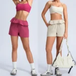 Ins/Tiktok New Fashion 2PCS Workout Sets Athletic Gym Wear for Women, Running Sports Bra with Ruffle Waistband Yoga Shorts Pilates Exercise Outfits