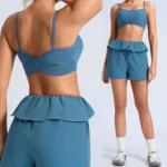 Ins/Tiktok New Fashion 2PCS Workout Sets Athletic Gym Wear for Women, Running Sports Bra with Ruffle Waistband Yoga Shorts Pilates Exercise Outfits