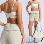 Ins/Tiktok New Fashion 2PCS Workout Sets Athletic Gym Wear for Women, Running Sports Bra with Ruffle Waistband Yoga Shorts Pilates Exercise Outfits