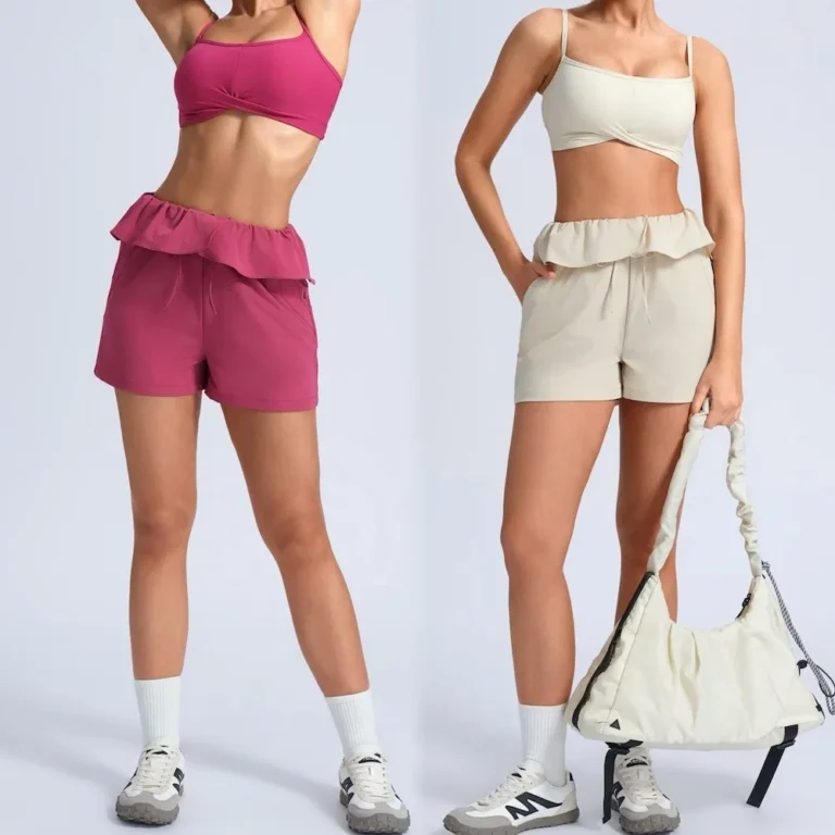 Ins/Tiktok New Fashion 2PCS Workout Sets Athletic Gym Wear for Women, Running Sports Bra with Ruffle Waistband Yoga Shorts Pilates Exercise Outfits