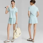 Latest Design 2 Piece High Performance Sportswear for Woman, Color Blocked V Neck Workout Shirts with Matching Fast Dry Tennis Skirt Fashionable Golf Clothes