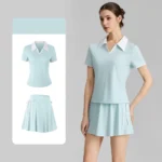 Latest Design 2 Piece High Performance Sportswear for Woman, Color Blocked V Neck Workout Shirts with Matching Fast Dry Tennis Skirt Fashionable Golf Clothes
