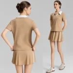 Latest Design 2 Piece High Performance Sportswear for Woman, Color Blocked V Neck Workout Shirts with Matching Fast Dry Tennis Skirt Fashionable Golf Clothes