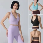 Latest Seductive Plunge V Neck Sports Bra with Twisted Front for Women, Longline Wirefree Padded Athletic Brattle with Medium Support Backless Active Tops