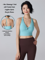 Latest Seductive Plunge V Neck Sports Bra with Twisted Front for Women, Longline Wirefree Padded Athletic Brattle with Medium Support Backless Active Tops