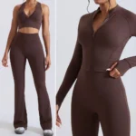 New Design 3PCS Ladies Premium Slim Fit Athletic Clothes for Woman, Cropped Workout Zipper Jacket + Sports Bra and Flared Yoga Pants Tracksuit Set