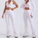 New Design 3PCS Ladies Premium Slim Fit Athletic Clothes for Woman, Cropped Workout Zipper Jacket + Sports Bra and Flared Yoga Pants Tracksuit Set