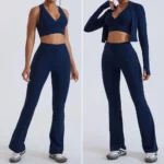 New Design 3PCS Ladies Premium Slim Fit Athletic Clothes for Woman, Cropped Workout Zipper Jacket + Sports Bra and Flared Yoga Pants Tracksuit Set