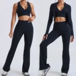 New Design 3PCS Ladies Premium Slim Fit Athletic Clothes for Woman, Cropped Workout Zipper Jacket + Sports Bra and Flared Yoga Pants Tracksuit Set