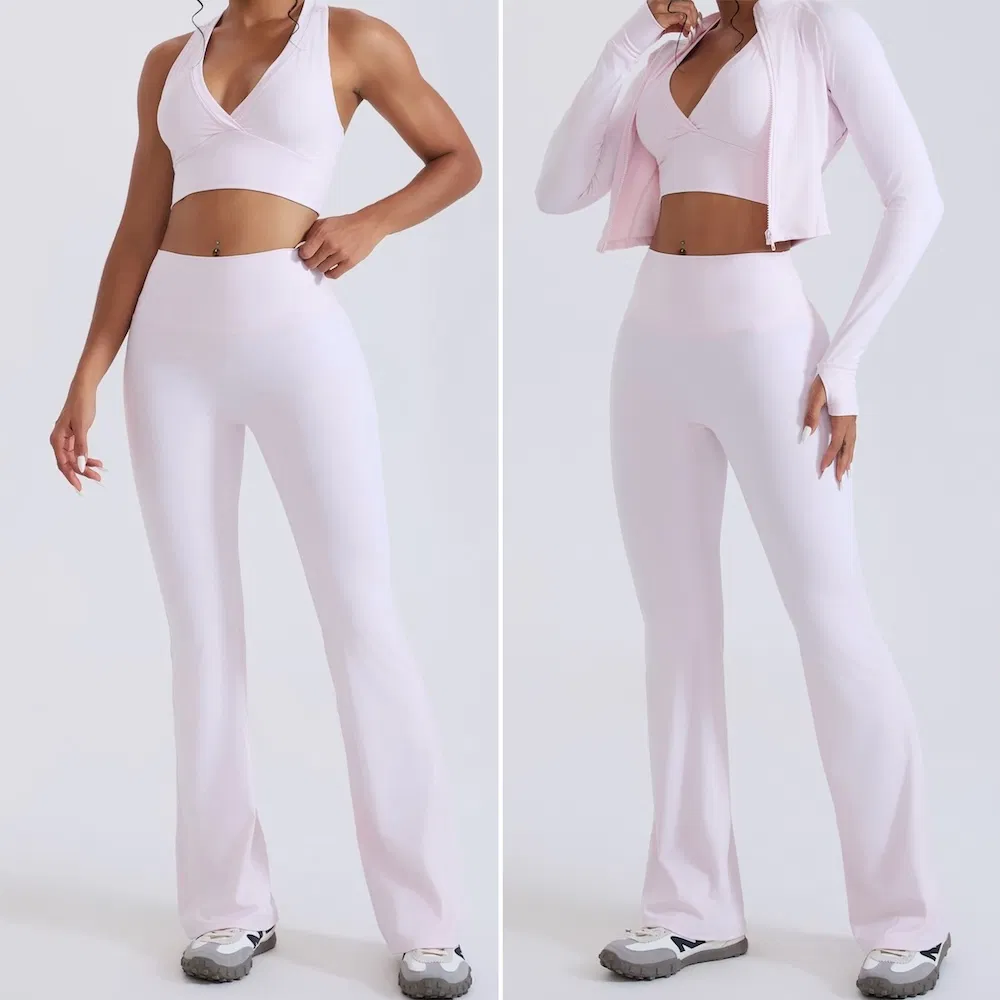 New Design 3PCS Ladies Premium Slim Fit Athletic Clothes for Woman, Cropped Workout Zipper Jacket + Sports Bra and Flared Yoga Pants Tracksuit Set New Design 3PCS Ladies Premium Slim Fit Athletic Clothes for Woman, Cropped Workout Zipper Jacket + Sports Bra and Flared Yoga Pants Tracksuit Set