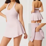 New Design Premium Soft Ruffle Hem Athletic Backless Dresses with Bra + Inner Shorts + Side Pocket, High Stretch Slim Fit Quick Dry Workout Skirts Dress