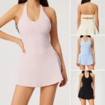 New Design Premium Soft Ruffle Hem Athletic Backless Dresses with Bra + Inner Shorts + Side Pocket, High Stretch Slim Fit Quick Dry Workout Skirts Dress