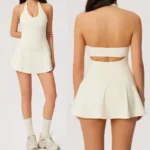 New Design Premium Soft Ruffle Hem Athletic Backless Dresses with Bra + Inner Shorts + Side Pocket, High Stretch Slim Fit Quick Dry Workout Skirts Dress