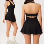 New Design Premium Soft Ruffle Hem Athletic Backless Dresses with Bra + Inner Shorts + Side Pocket, High Stretch Slim Fit Quick Dry Workout Skirts Dress