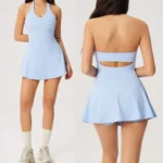 New Design Premium Soft Ruffle Hem Athletic Backless Dresses with Bra + Inner Shorts + Side Pocket, High Stretch Slim Fit Quick Dry Workout Skirts Dress