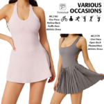 New Design Premium Soft Ruffle Hem Athletic Backless Dresses with Bra + Inner Shorts + Side Pocket, High Stretch Slim Fit Quick Dry Workout Skirts Dress