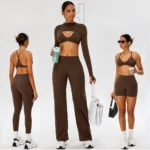 New Fancy 5 Piece Attractive Workout Sets Premium Athletic Wear for Women, Y-Back Sports Bra + Long Sleeve Shrug + Gym Shorts + Leggings + Pants