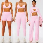 New Fancy 5 Piece Attractive Workout Sets Premium Athletic Wear for Women, Y-Back Sports Bra + Long Sleeve Shrug + Gym Shorts + Leggings + Pants