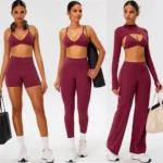 New Fancy 5 Piece Attractive Workout Sets Premium Athletic Wear for Women, Y-Back Sports Bra + Long Sleeve Shrug + Gym Shorts + Leggings + Pants
