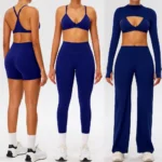 New Fancy 5 Piece Attractive Workout Sets Premium Athletic Wear for Women, Y-Back Sports Bra + Long Sleeve Shrug + Gym Shorts + Leggings + Pants