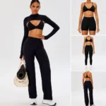 New Fancy 5 Piece Attractive Workout Sets Premium Athletic Wear for Women, Y-Back Sports Bra + Long Sleeve Shrug + Gym Shorts + Leggings + Pants