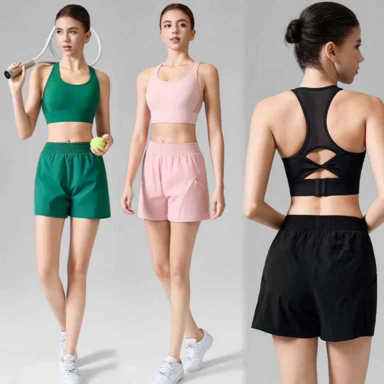 New Fashion Design 2PCS Premium Tennis Sportswear Workout Clothes for Women, High Impact Sports Bra with Mesh Panels + 2 in 1 Running Shorts Pickleball Outfits