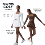 New Fashion Waved Rim Two Piece Tennis Clothes for Women, Long Sleeve Crop Top with Bra Pads + High Waisted Ruffle Golf Skirts Set Pickleball Outfits