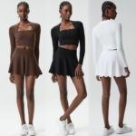 New Fashion Waved Rim Two Piece Tennis Clothes for Women, Long Sleeve Crop Top with Bra Pads + High Waisted Ruffle Golf Skirts Set Pickleball Outfits