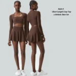 New Fashion Waved Rim Two Piece Tennis Clothes for Women, Long Sleeve Crop Top with Bra Pads + High Waisted Ruffle Golf Skirts Set Pickleball Outfits