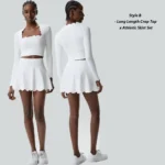 New Fashion Waved Rim Two Piece Tennis Clothes for Women, Long Sleeve Crop Top with Bra Pads + High Waisted Ruffle Golf Skirts Set Pickleball Outfits