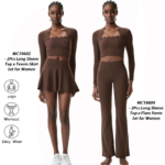 New Fashion Waved Rim Two Piece Tennis Clothes for Women, Long Sleeve Crop Top with Bra Pads + High Waisted Ruffle Golf Skirts Set Pickleball Outfits