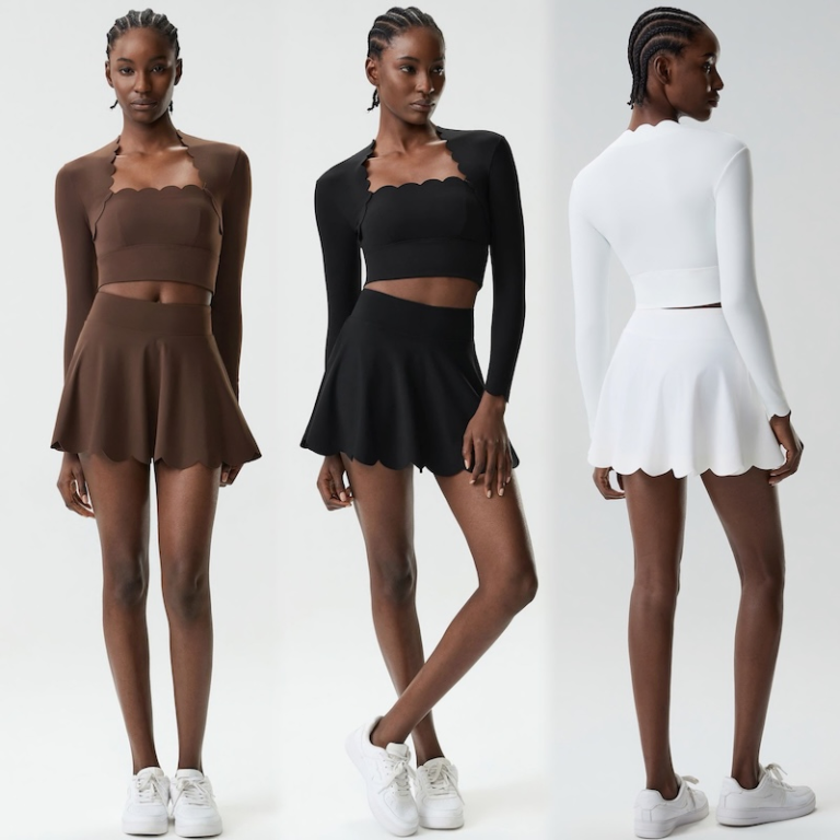 New Fashion Waved Rim Two Piece Tennis Clothes for Women, Long Sleeve Crop Top with Bra Pads + High Waisted Ruffle Golf Skirts Set Pickleball Outfits