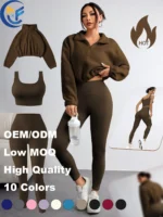 New Half Zipper Sweater Yoga Set High Neck Hoodie 3 Piece Fitness Suit Fashion Vest and Pants Gym Clothes for Women's Sports Wear