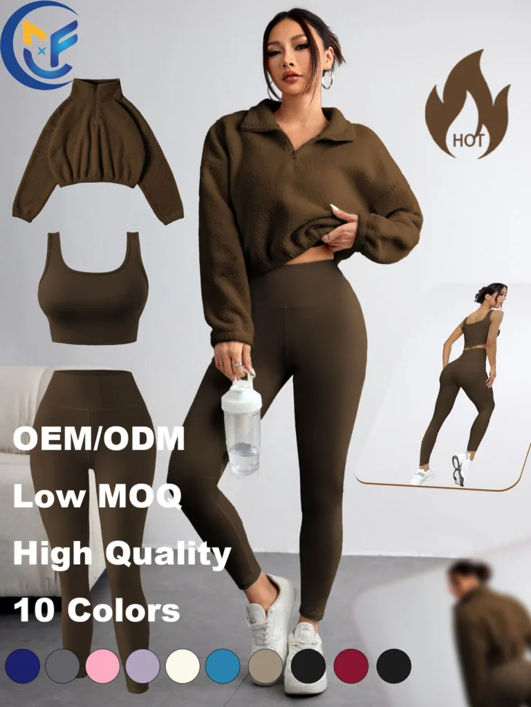 New Half Zipper Sweater Yoga Set High Neck Hoodie 3 Piece Fitness Suit Fashion Vest and Pants Gym Clothes for Women's Sports Wear