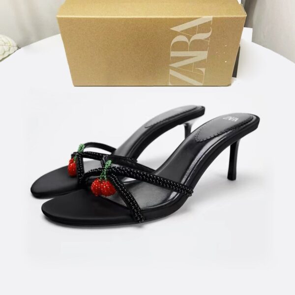 New high-heeled shoes for women 2025 spring fashion beaded cherry pendant black stiletto heel open toe back empty shoes