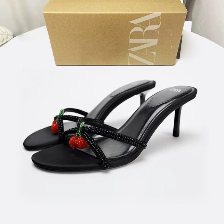New high-heeled shoes for women 2025 spring fashion beaded cherry pendant black stiletto heel open toe back empty shoes