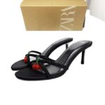 New high-heeled shoes for women 2025 spring fashion beaded cherry pendant black stiletto heel open toe back empty shoes
