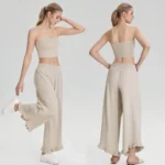 New Listing Two Piece Strapless Pilates Fitness Wear for Women, Cute Sexy Bandeau + Wide Leg Sweatpants with Lace Cuff Matching Cotton Yoga Athletic Set