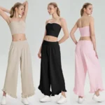 New Listing Two Piece Strapless Pilates Fitness Wear for Women, Cute Sexy Bandeau + Wide Leg Sweatpants with Lace Cuff Matching Cotton Yoga Athletic Set