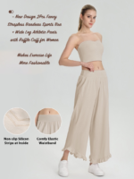 New Listing Two Piece Strapless Pilates Fitness Wear for Women, Cute Sexy Bandeau + Wide Leg Sweatpants with Lace Cuff Matching Cotton Yoga Athletic Set