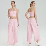 New Listing Two Piece Strapless Pilates Fitness Wear for Women, Cute Sexy Bandeau + Wide Leg Sweatpants with Lace Cuff Matching Cotton Yoga Athletic Set