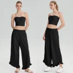 New Listing Two Piece Strapless Pilates Fitness Wear for Women, Cute Sexy Bandeau + Wide Leg Sweatpants with Lace Cuff Matching Cotton Yoga Athletic Set