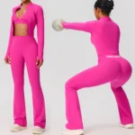 New Trendy 3 PCS Premium Tracksuit Set Athletic Wear for Women, Lounge Going out Running Jacket + V Neck Sports Bra + Flare Yoga Pants with Scrunch