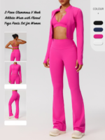 New Trendy 3 PCS Premium Tracksuit Set Athletic Wear for Women, Lounge Going out Running Jacket + V Neck Sports Bra + Flare Yoga Pants with Scrunch