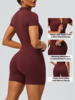 New Trendy Nude Feeling Short Sleeve Yoga Jumpsuit for Women, Half Zipper Front Fitness Sports Romper Shorts Tennis Exercise Unitard with Side Pockets