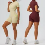 New Trendy Nude Feeling Short Sleeve Yoga Jumpsuit for Women, Half Zipper Front Fitness Sports Romper Shorts Tennis Exercise Unitard with Side Pockets