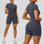 New Trendy Nude Feeling Short Sleeve Yoga Jumpsuit for Women, Half Zipper Front Fitness Sports Romper Shorts Tennis Exercise Unitard with Side Pockets