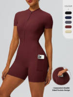 New Trendy Nude Feeling Short Sleeve Yoga Jumpsuit for Women, Half Zipper Front Fitness Sports Romper Shorts Tennis Exercise Unitard with Side Pockets