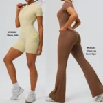 New Trendy Nude Feeling Short Sleeve Yoga Jumpsuit for Women, Half Zipper Front Fitness Sports Romper Shorts Tennis Exercise Unitard with Side Pockets